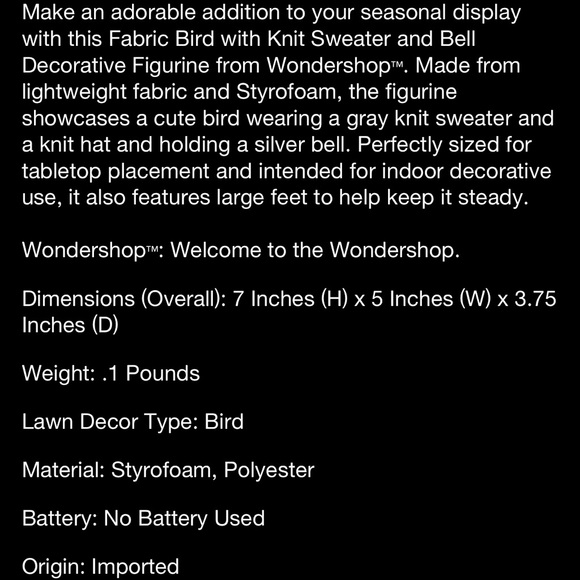 Gray Knit Sweater & Bell Decorative Fabric Bird - Picture 3 of 3